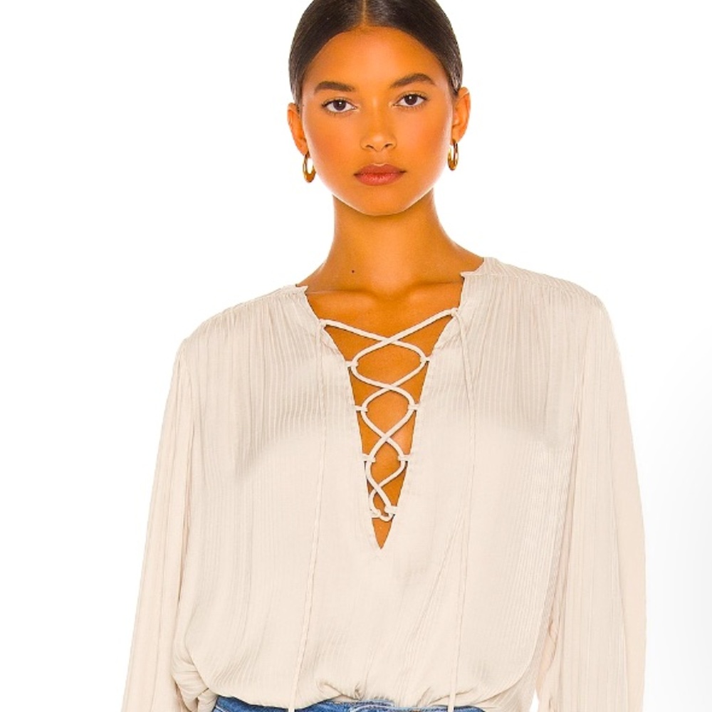 Free People Cream Lace-Up Plunge Blouse